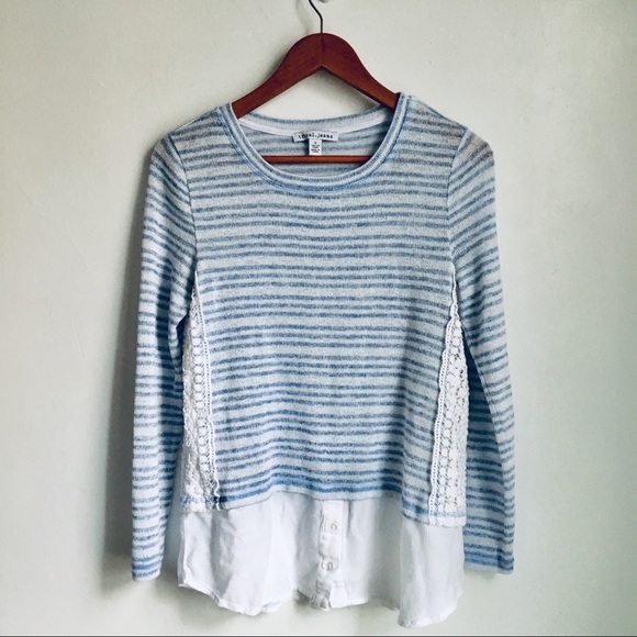 Tribal Tops - TRIBAL Blue Striped Crochet Lace Layered Top